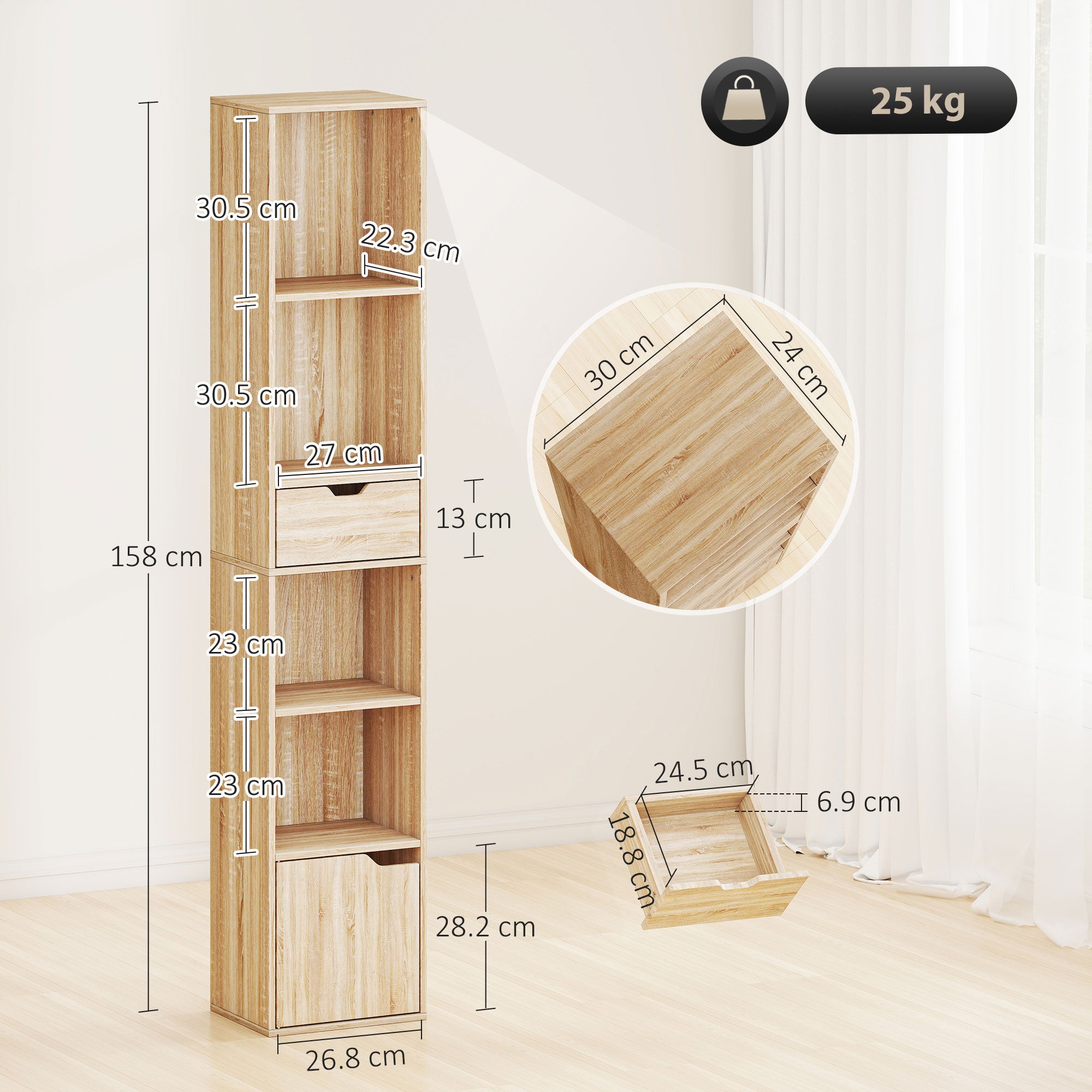 6-Tier Bookcase, Tall Narrow Bookshelf with Drawer and Door - Natural Wood Finish