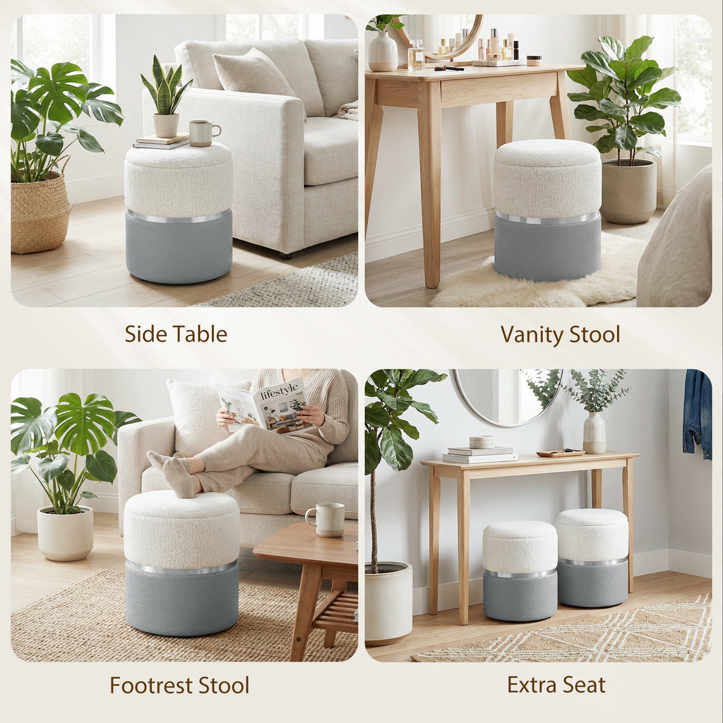 Nesting Round Ottoman with Storage Set of 2 - Cream/Grey