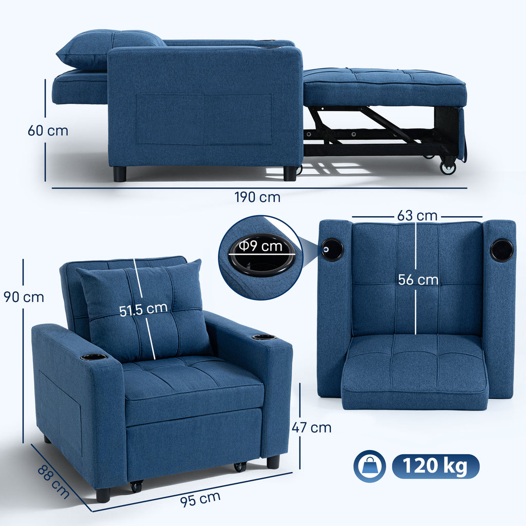 3-in-1 Single Sofa Bed, Convertible Sleeper Chair Bed - Dark Blue