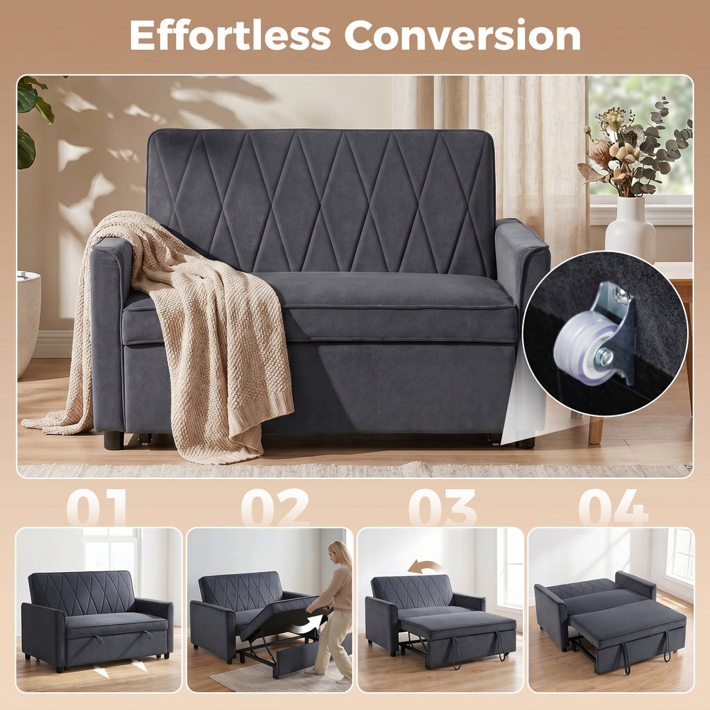 2 Seater Sofa Bed, 3-in-1 Convertible Pull Out Sleeper Sofa with Click-Clack Adjustable Backrest, Dark Grey