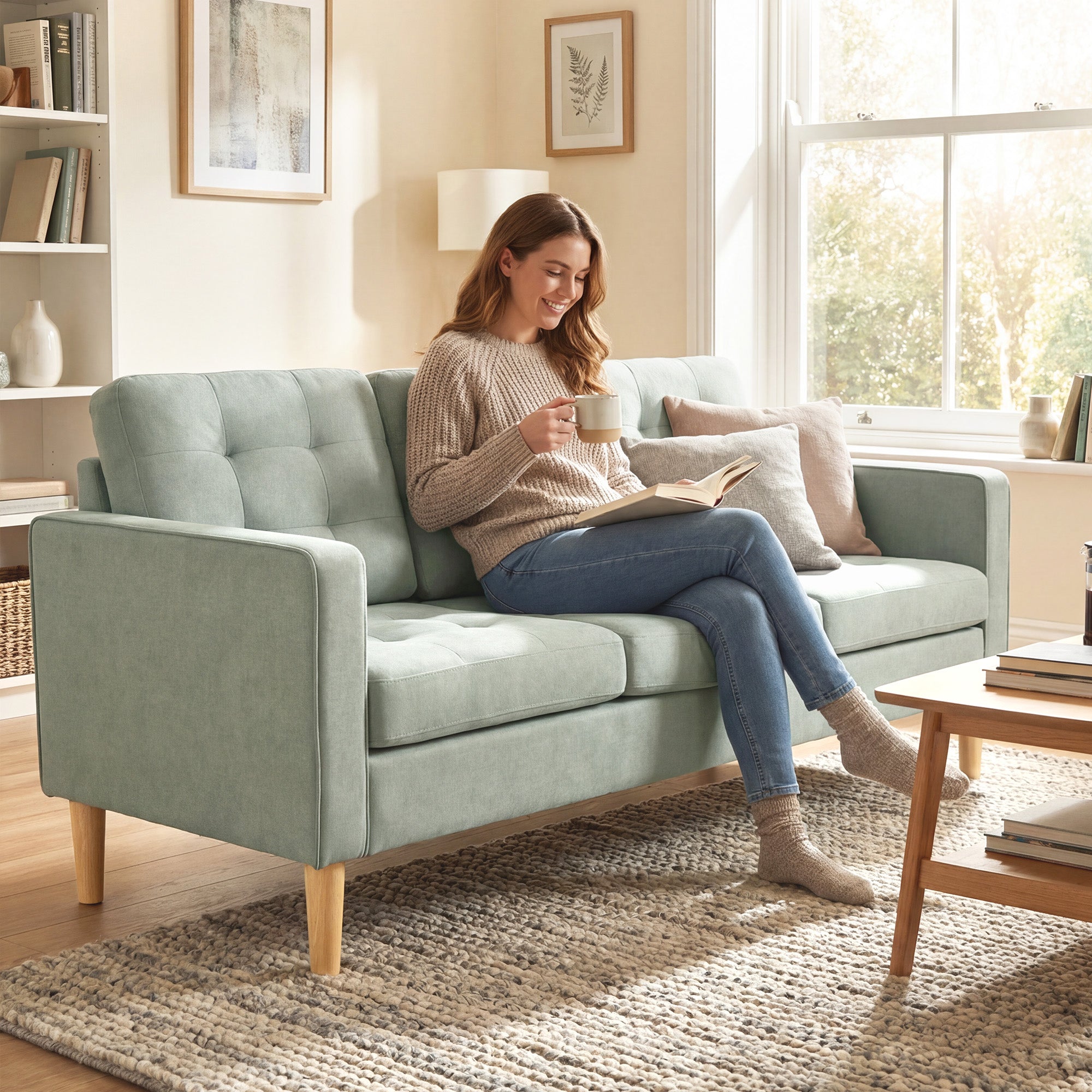 3 Seater Sofa, 169cm Couch with Hidden Storage, Wood Legs, Light Grey