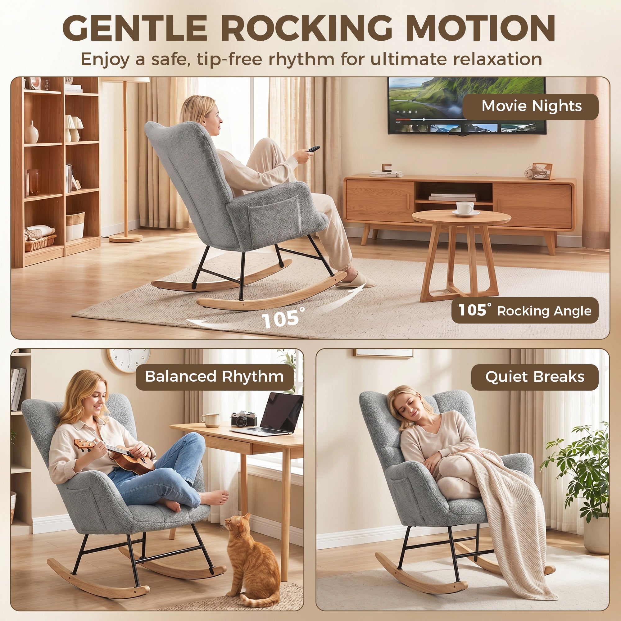 Rocking Chair, Teddy Fleece Rocker Chair with Tufted Wingback, Side Pockets, Rubber Wood Legs, Light Grey