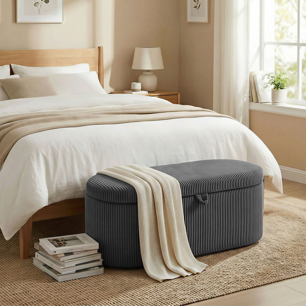 Storage Ottoman, Corduroy Upholstered Ottoman Storage Box with Padded Seat, 105 x 51 x 49 cm, Dark Grey