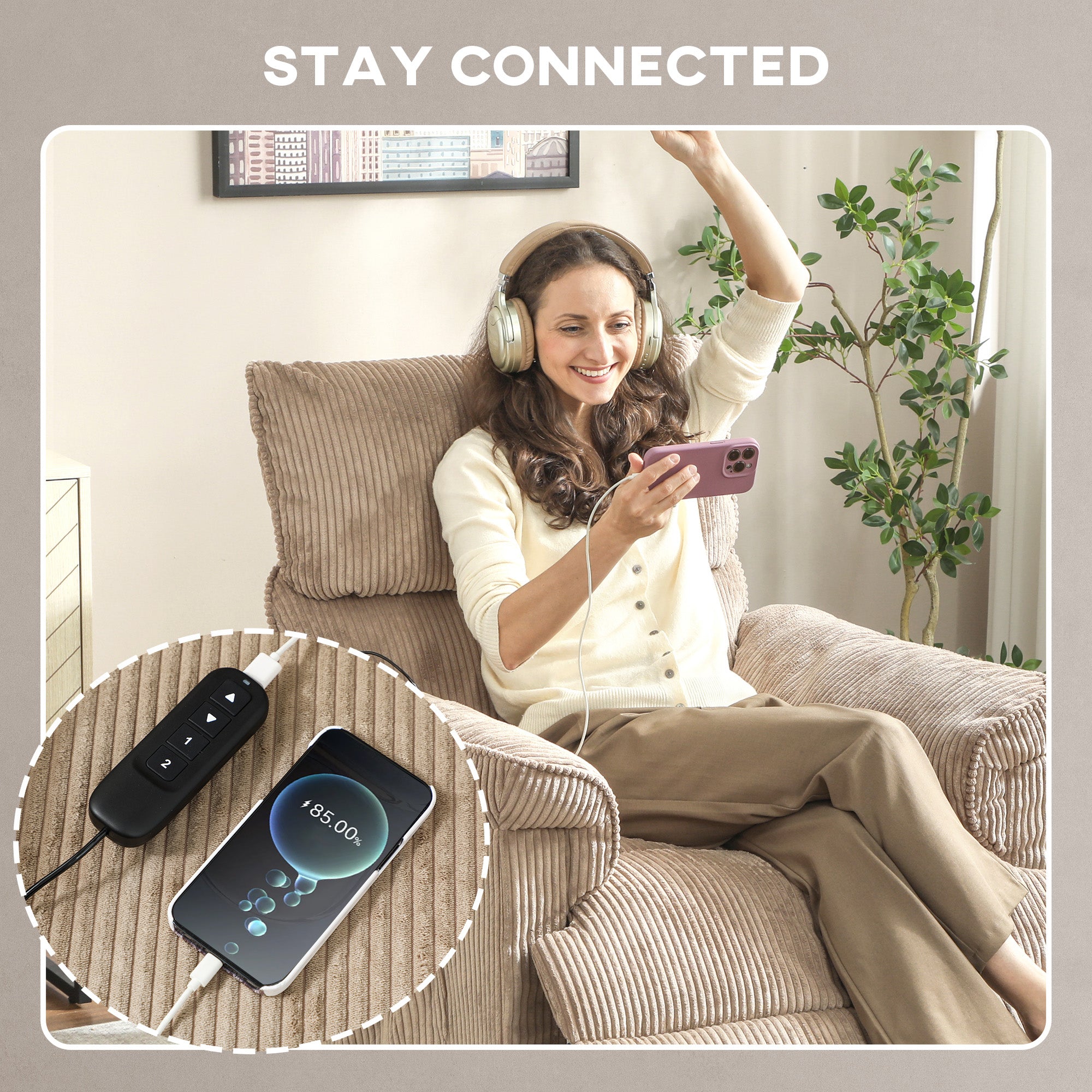 Corduroy Electric Massage Recliner - Brown