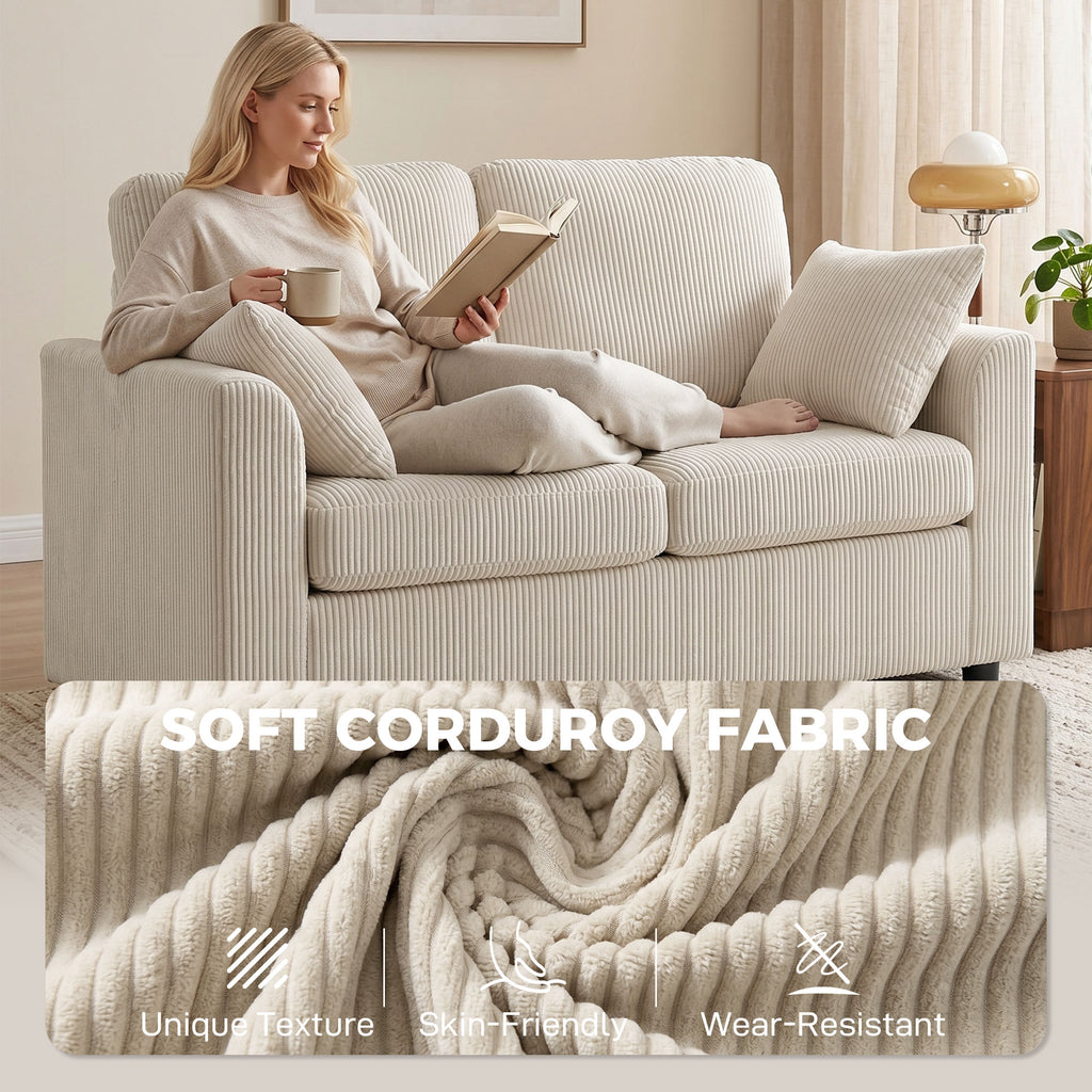 2 Seater Sofa, Corduroy Small Couch with Spring Cushion, Wide and Deep Seat, Beige