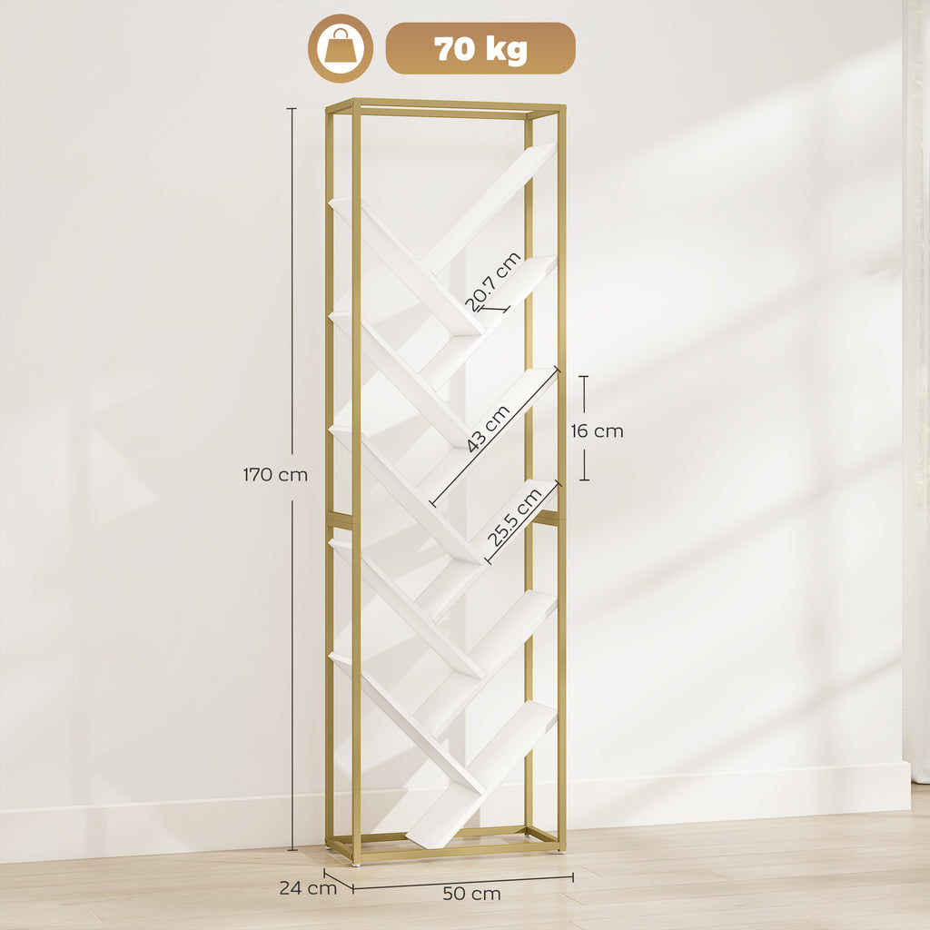 10 Shelf Modern-Style Bookshelf - Gold Tone/White