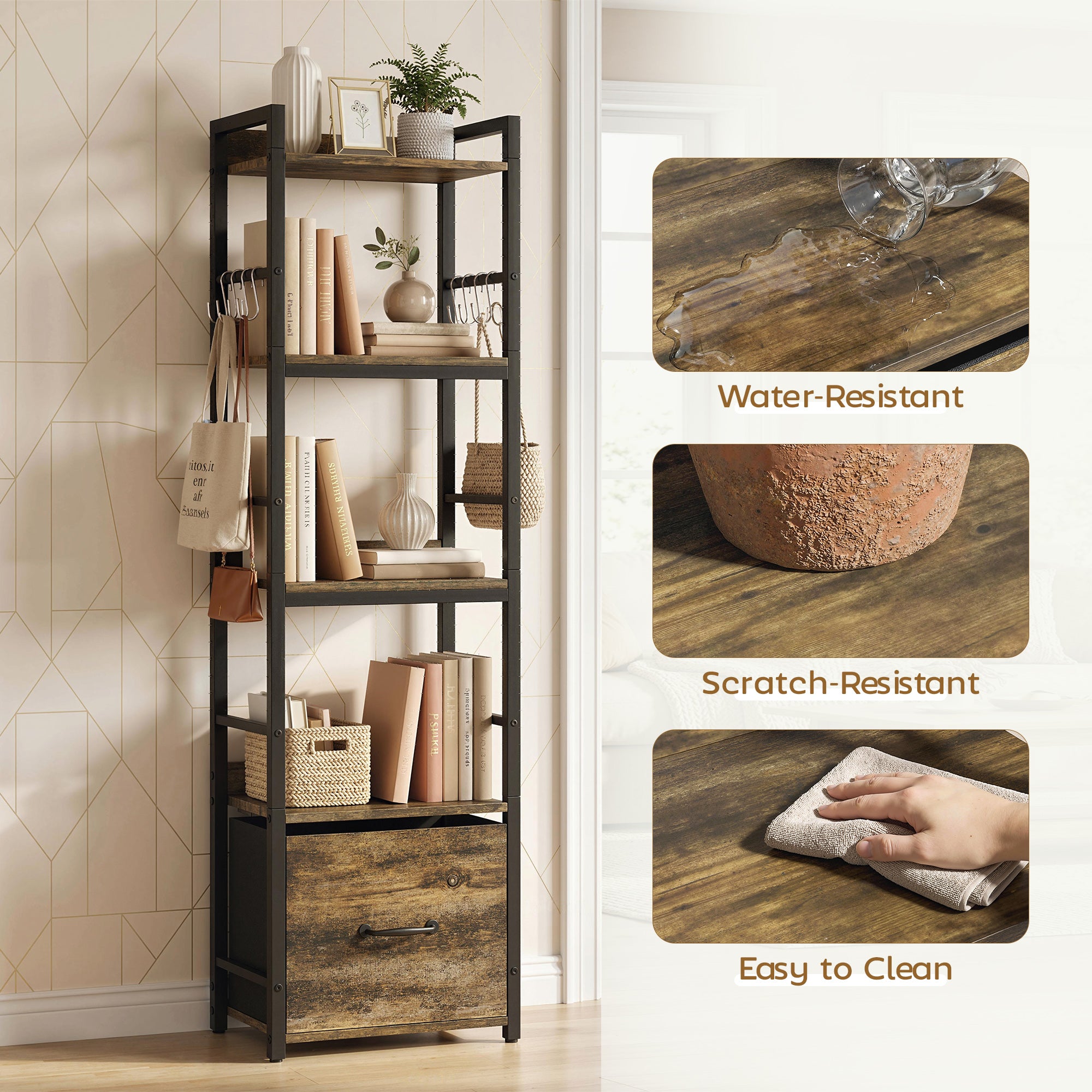 4-Tier Bookshelf, Narrow Bookcase with Drawer, 8 Hooks, Metal Frame, Rustic Brown