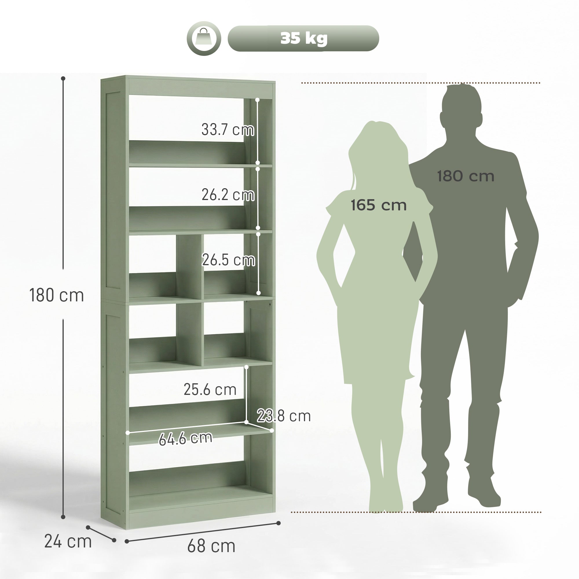 Bookcase, 6-Tier Bookshelf with Open Storage Shelves, Cubes, 180 cm Tall Display Shelf with Anti-Tipping Design, Green
