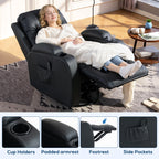 PU Leather Recliner Chair, Recliner Armchair with Extended Footrest, Cup Holders and Side Pockets, Black