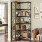 5-Tier L-Shaped Bookshelf, Freestanding Corner Bookcase with Metal Frame, Rustic Brown
