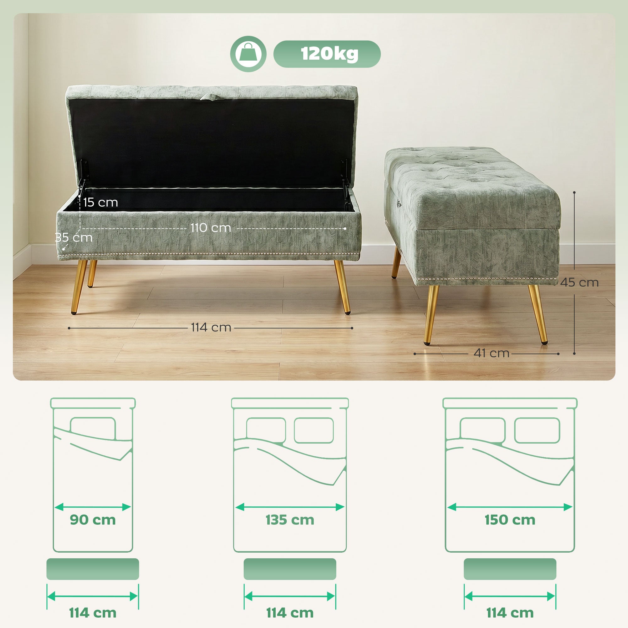 Storage Ottoman, Chenille Upholstered Ottoman Storage Box with Padded Seat, Metal Legs, 114 x 41 x 45 cm, Light Green