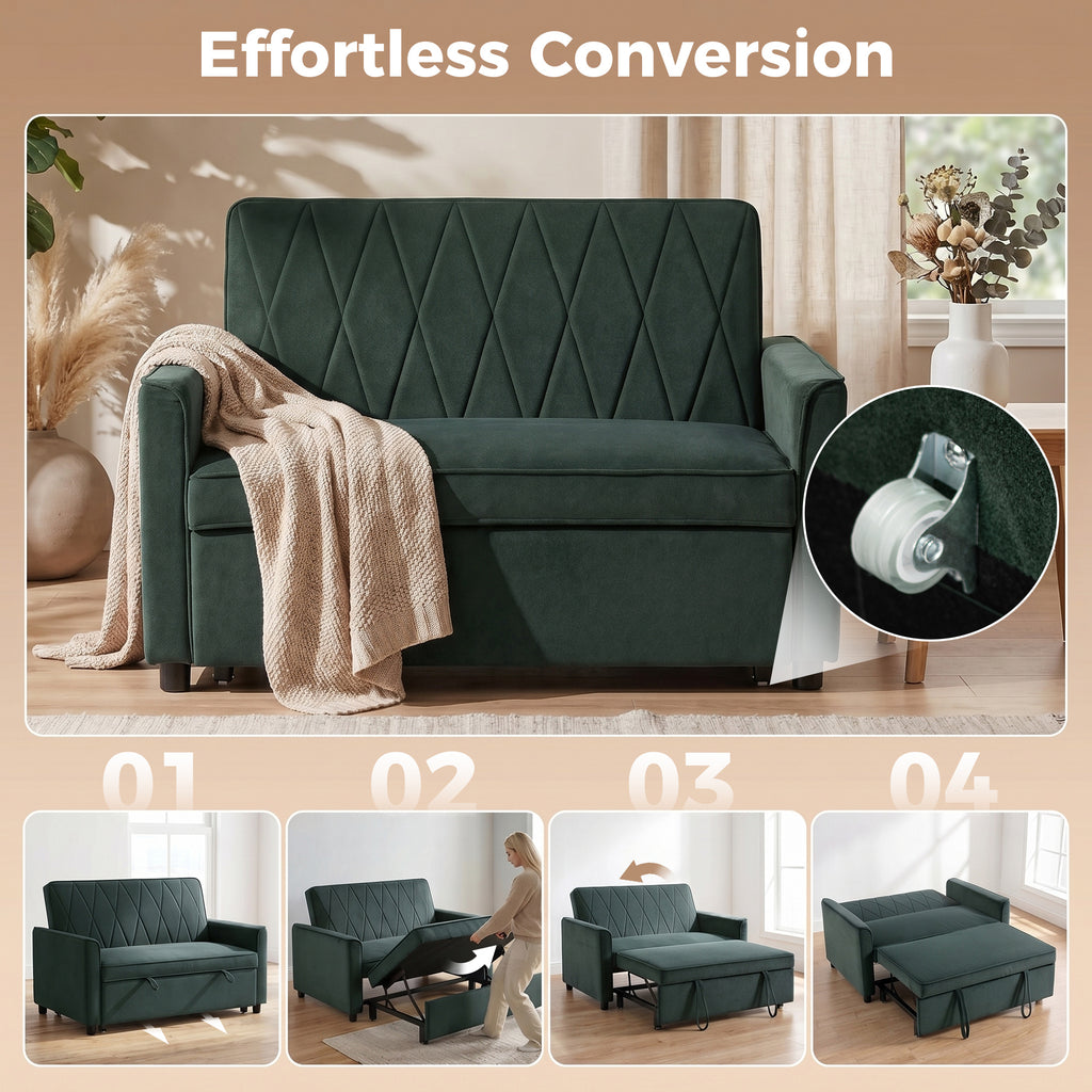 2 Seater Sofa Bed, 3-in-1 Convertible Pull Out Sleeper Sofa with Click-Clack Adjustable Backrest, Dark Green