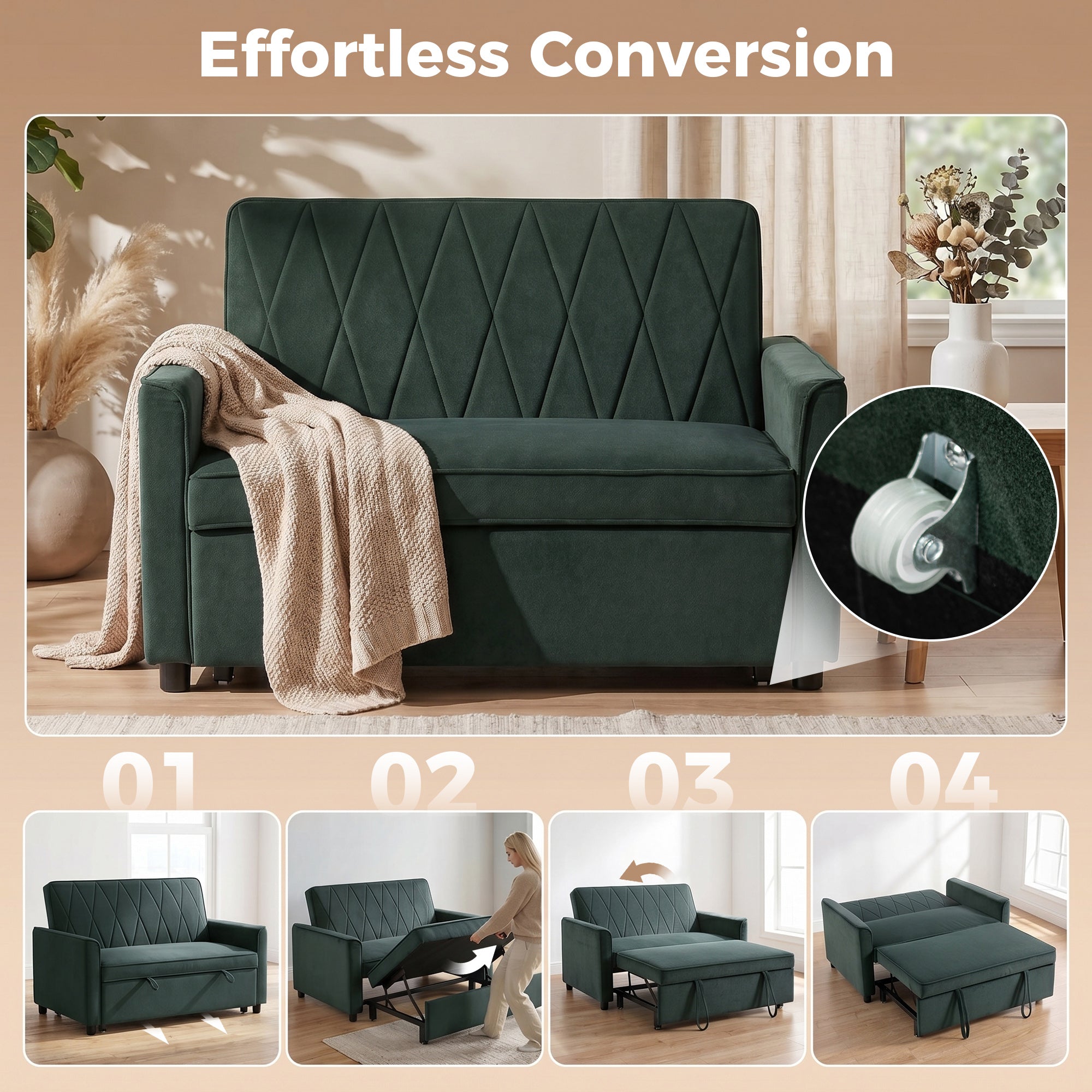 2 Seater Sofa Bed, 3-in-1 Convertible Pull Out Sleeper Sofa with Click-Clack Adjustable Backrest, Dark Green