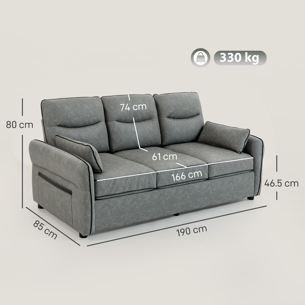3 Seater Sofa, Faux Leather Couch - Grey