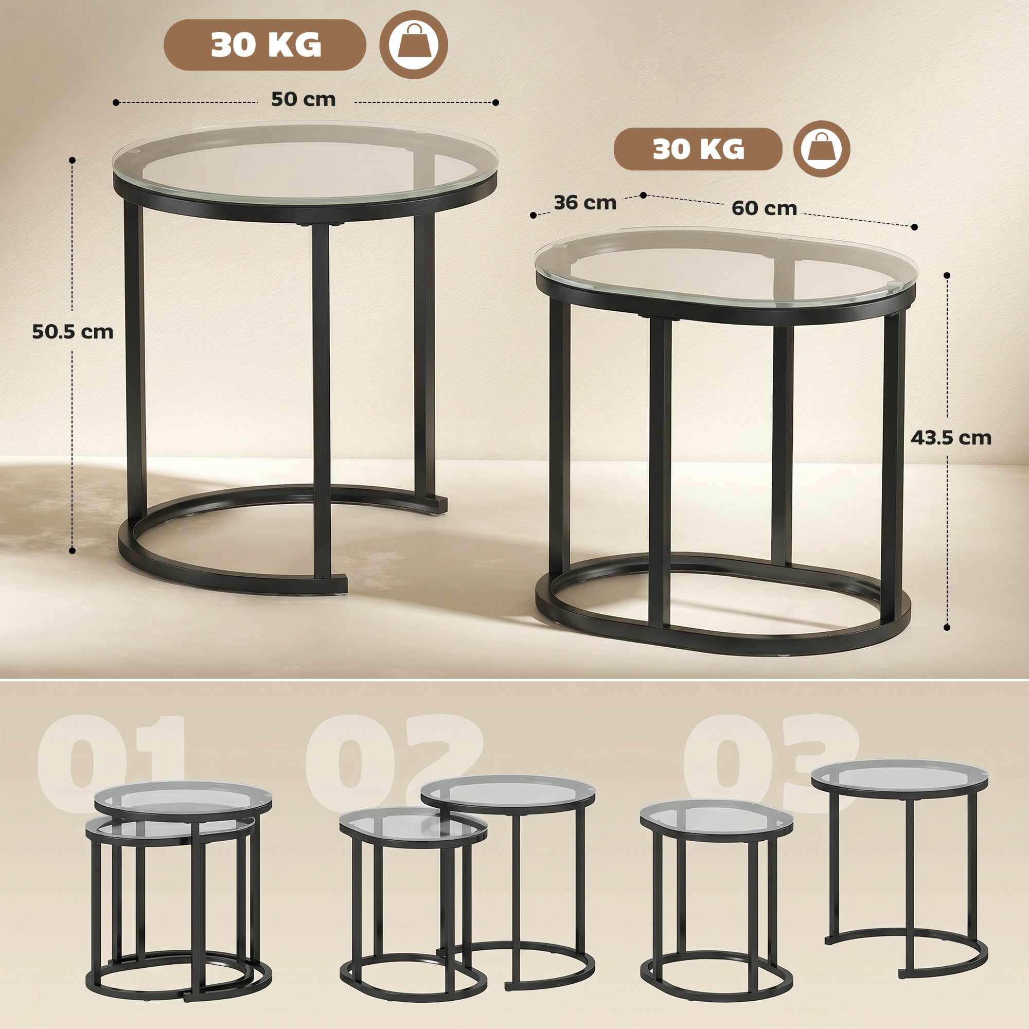 Nest of Tables with Steel Frame and Tempered Glass Tabletop, Modern Coffee Table Set of 2, Black