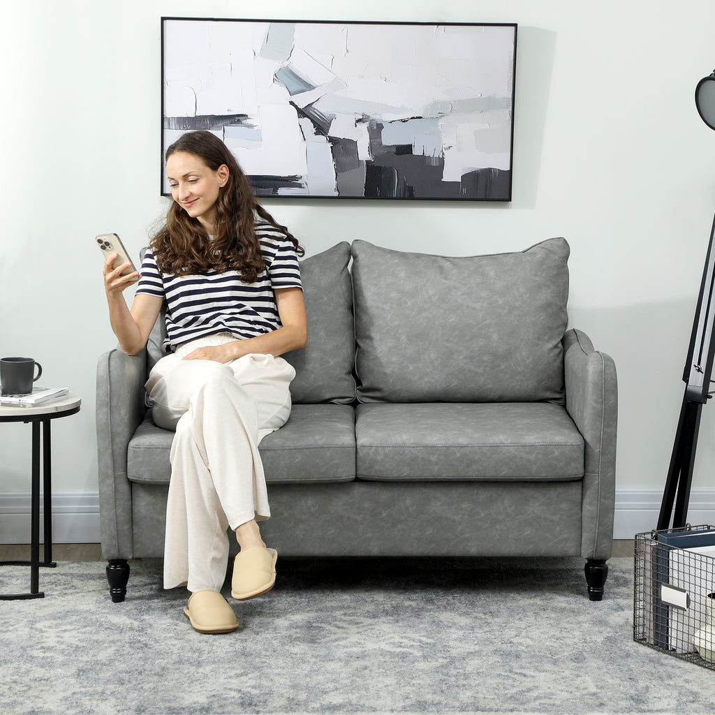 Faux Leather Marble-Effect Two-Seater Sofa - Grey