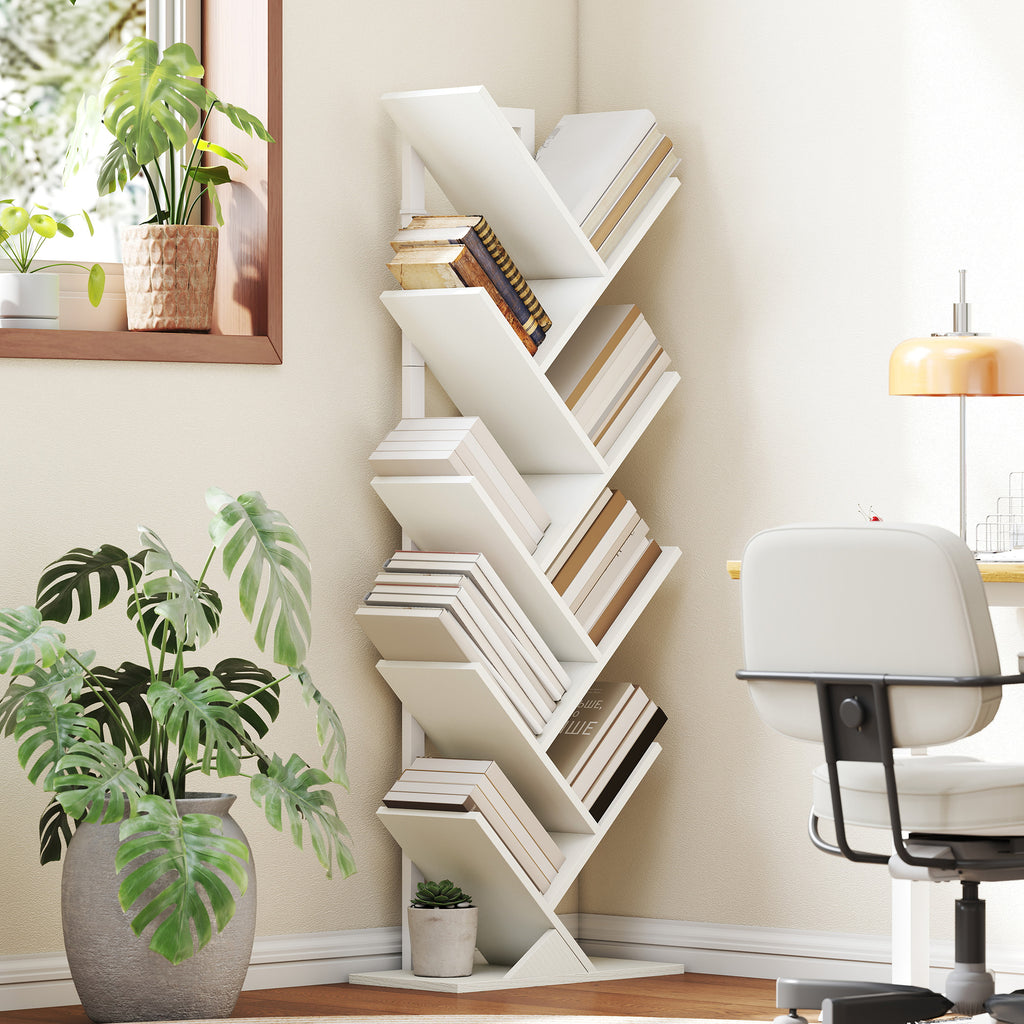 9-Tier Tree Bookshelf, Industrial Free Standing Bookcase with Steel Frame, Display Storage White