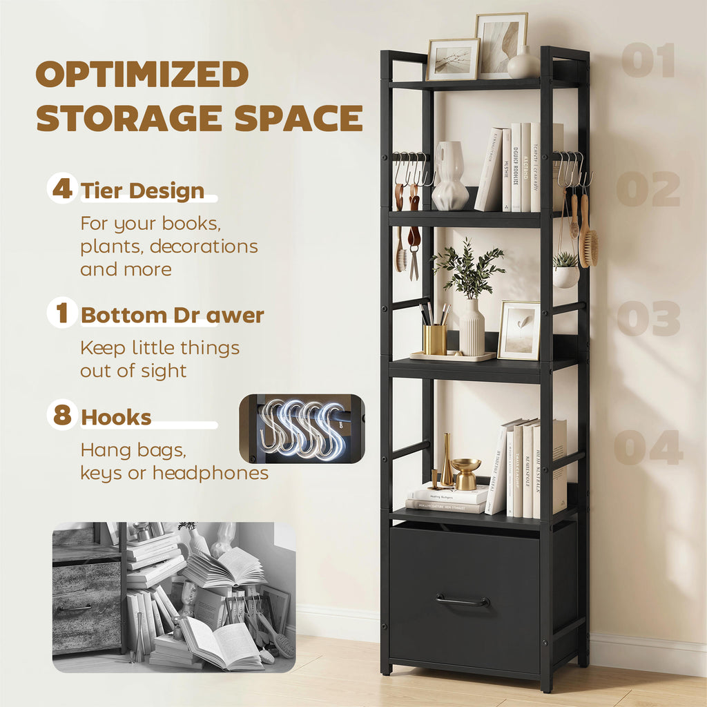 4-Tier Bookshelf, Narrow Bookcase with Drawer, 8 Hooks, Metal Frame, Black