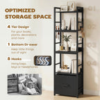 4-Tier Bookshelf, Narrow Bookcase with Drawer, 8 Hooks, Metal Frame, Black