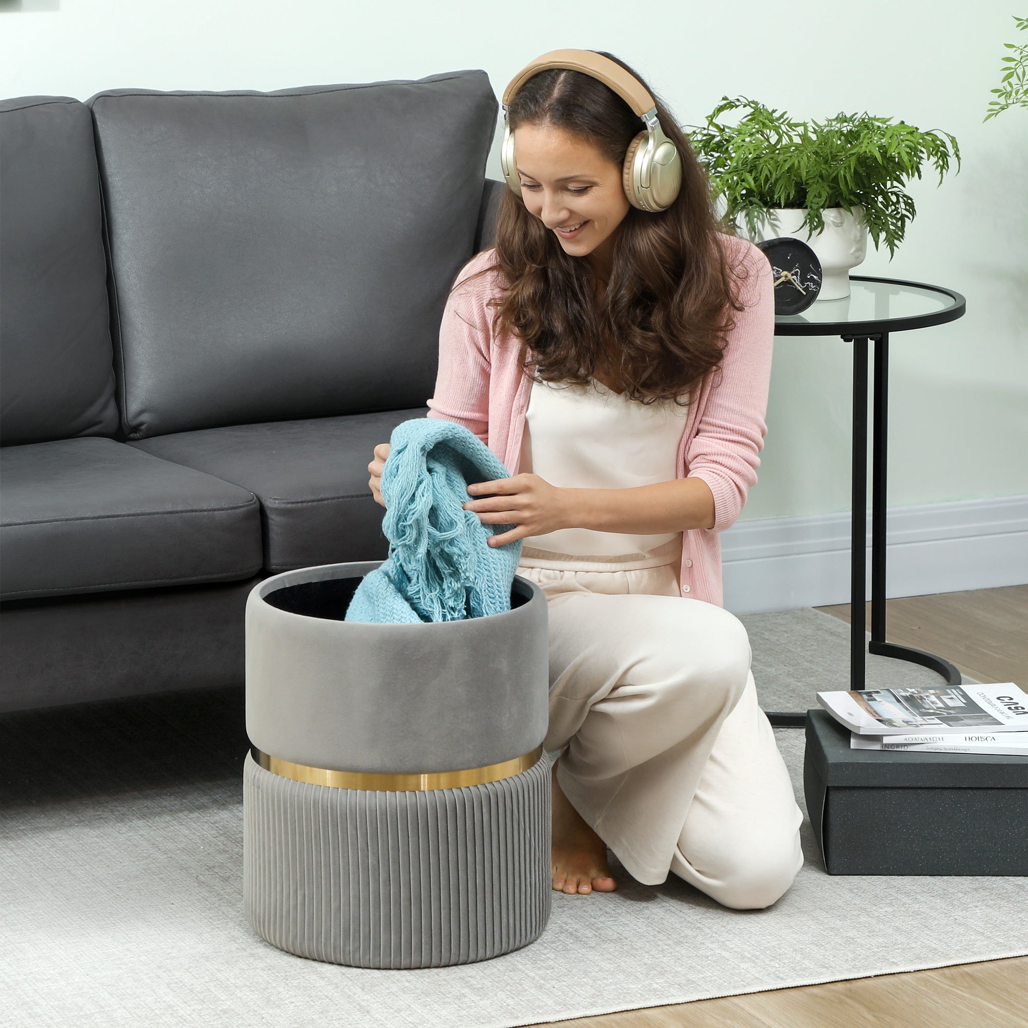 Velvet-Feel Storage Ottoman - Light Grey
