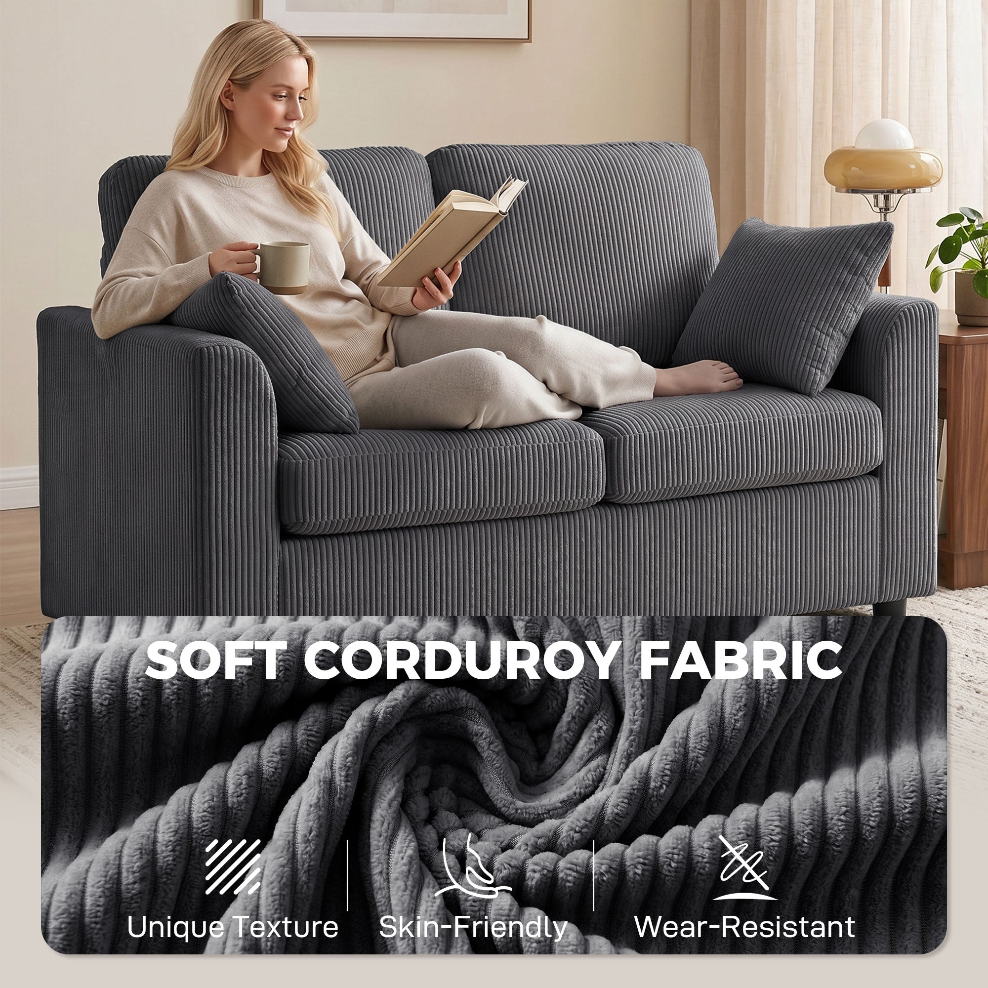 2 Seater Sofa, Corduroy Small Couch with Spring Cushion, Wide and Deep Seat, Dark Grey