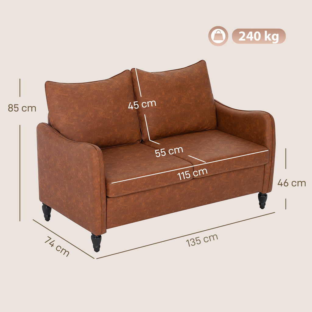 Faux Leather Marble-Effect Two-Seater Sofa - Brown