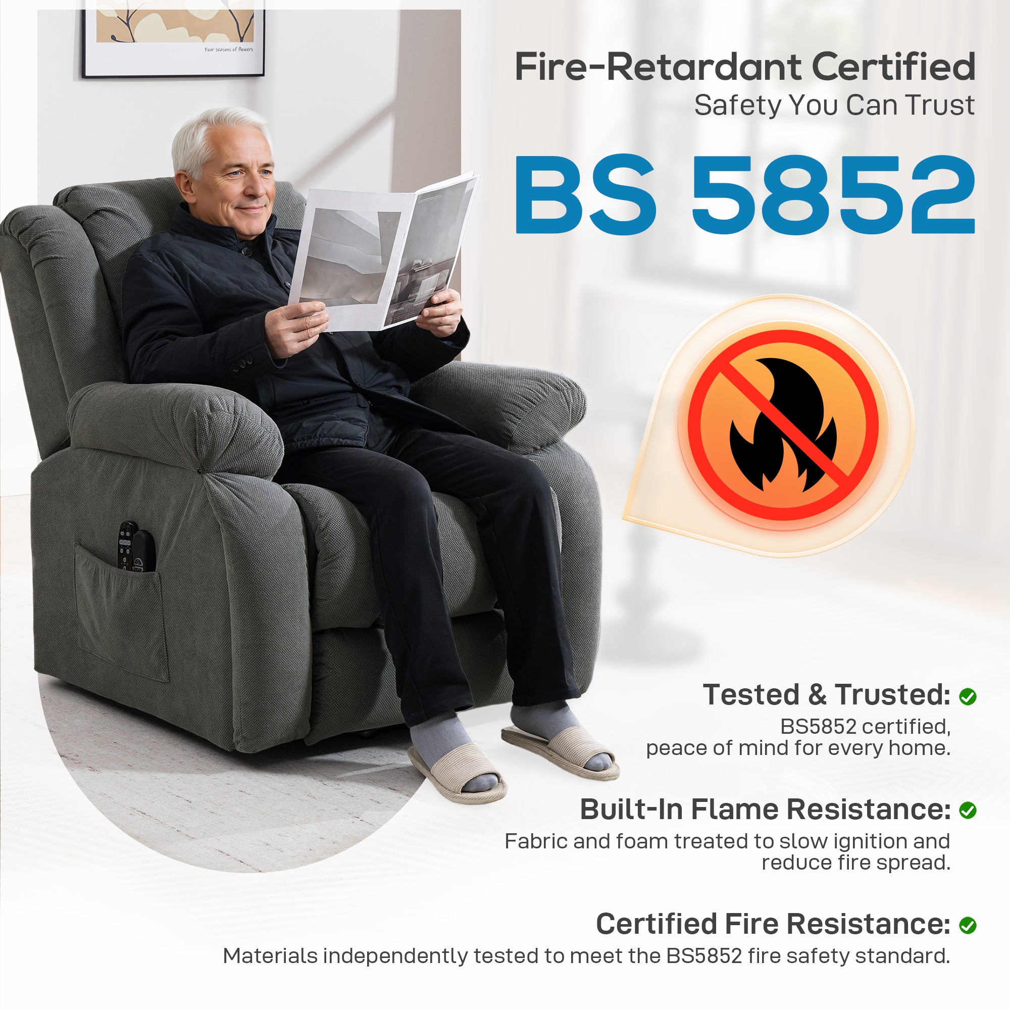 Recliner Armchair Lift Chair, Electric Recliner Chair with Vibration Massage and Heat, Wide Seat, USB Port, Grey