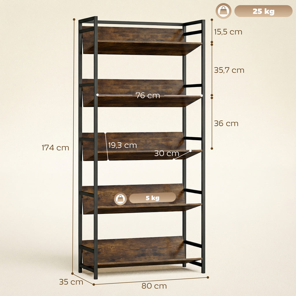 Bookshelf 5-Tier Metal Frame Room Divider Bookcase Storage Shelves for Living Room Rustic Brown