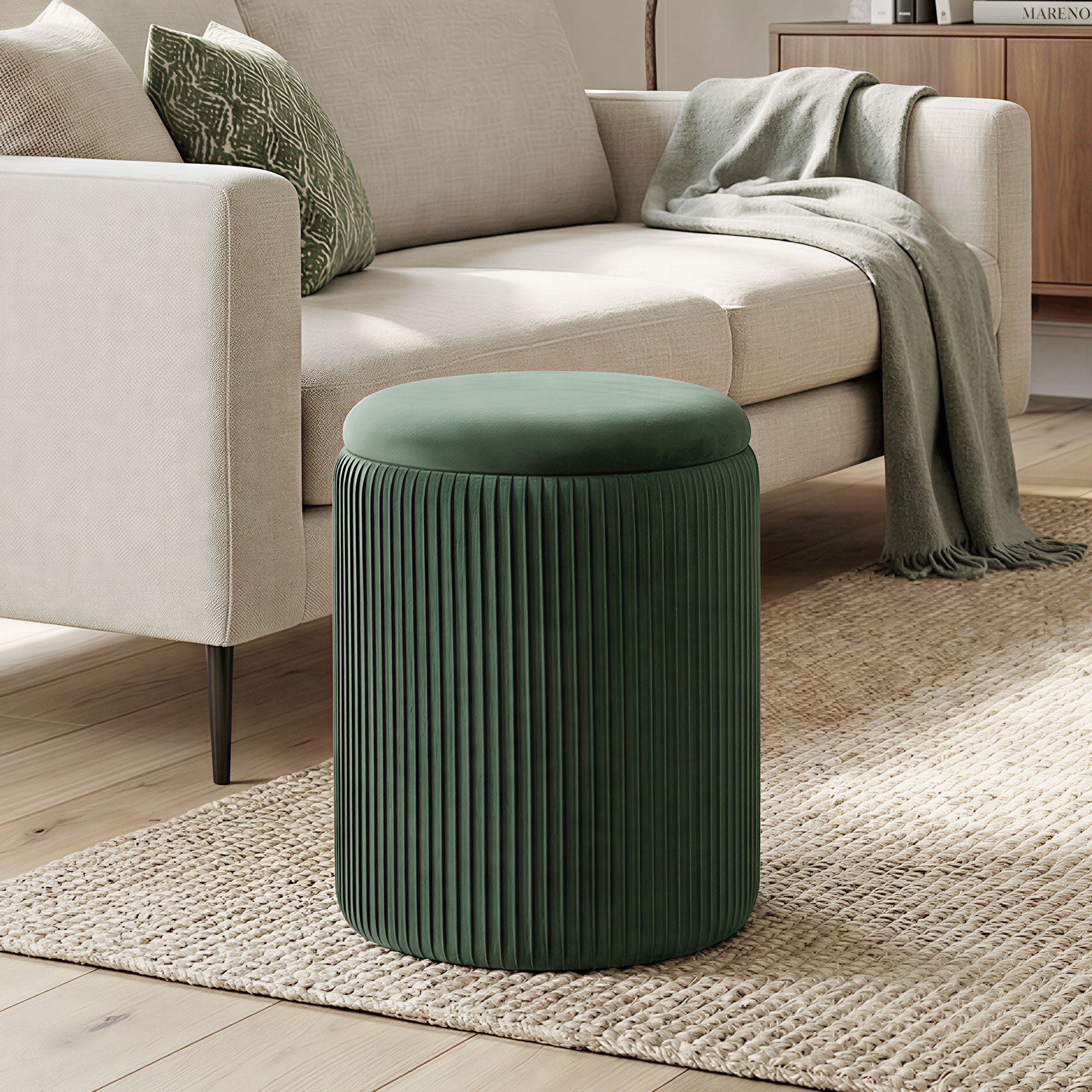 Storage Ottoman Modern Velvet Round Foot Stool for Living Room Bedroom 45 cm Dark Green