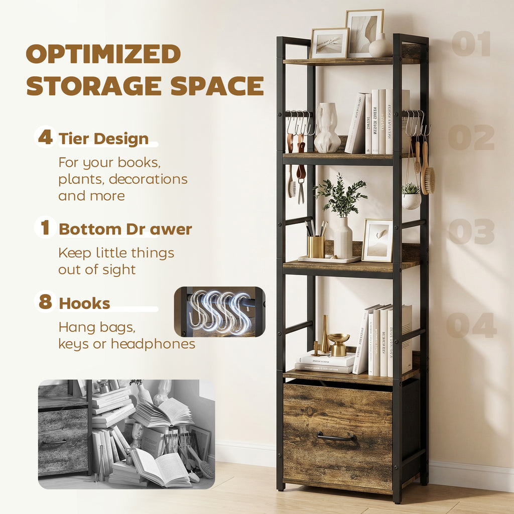4-Tier Bookshelf, Narrow Bookcase with Drawer, 8 Hooks, Metal Frame, Rustic Brown