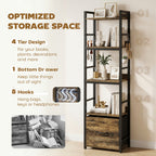 4-Tier Bookshelf, Narrow Bookcase with Drawer, 8 Hooks, Metal Frame, Rustic Brown