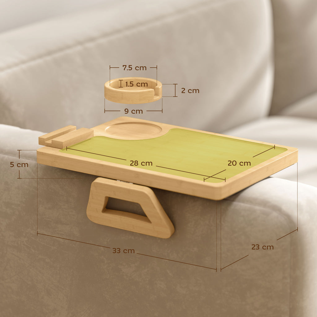 Anti-Slip Sofa Armrest Tray, Bamboo Sofa Arm Tray with 360Â° Phone Holder and Removable Cup Holder, Natural