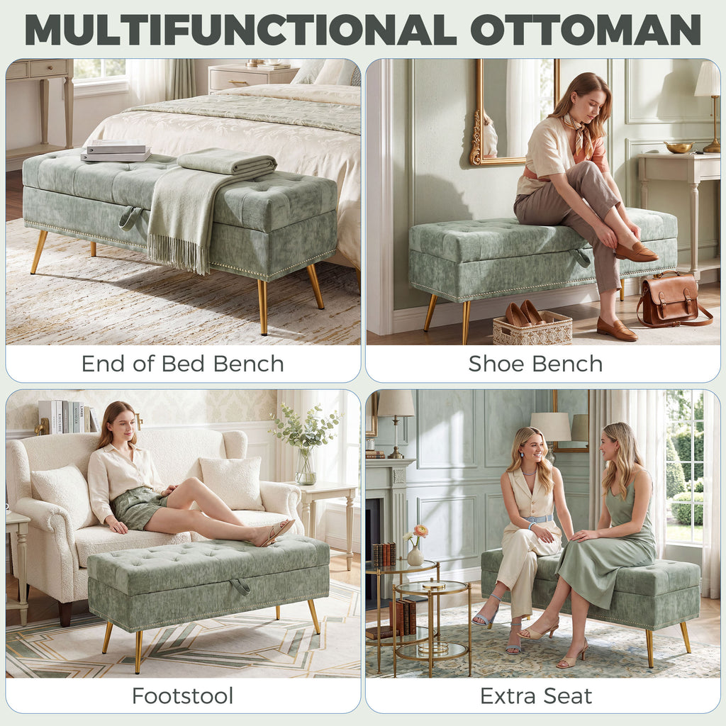 Storage Ottoman, Chenille Upholstered Ottoman Storage Box with Padded Seat, Metal Legs, 114 x 41 x 45 cm, Light Green