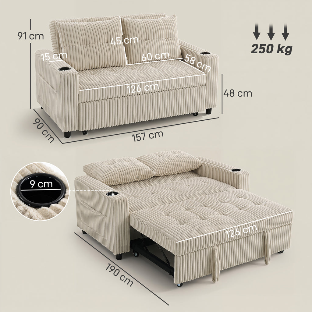 Corduroy Click Clack Sleeper Sofa with Pull Out Design, 2 Seater Sofa Bed, Cream White