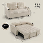 Corduroy Click Clack Sleeper Sofa with Pull Out Design, 2 Seater Sofa Bed, Cream White