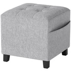 Square Footstool, Small Ottoman with Side Pocket, Linen Fabric Footrest Foot Stool with Rubber Wood Legs and Padded Seat for Living Room, Bedroom, Entryway, 35 x 35 x 35cm, Light Grey