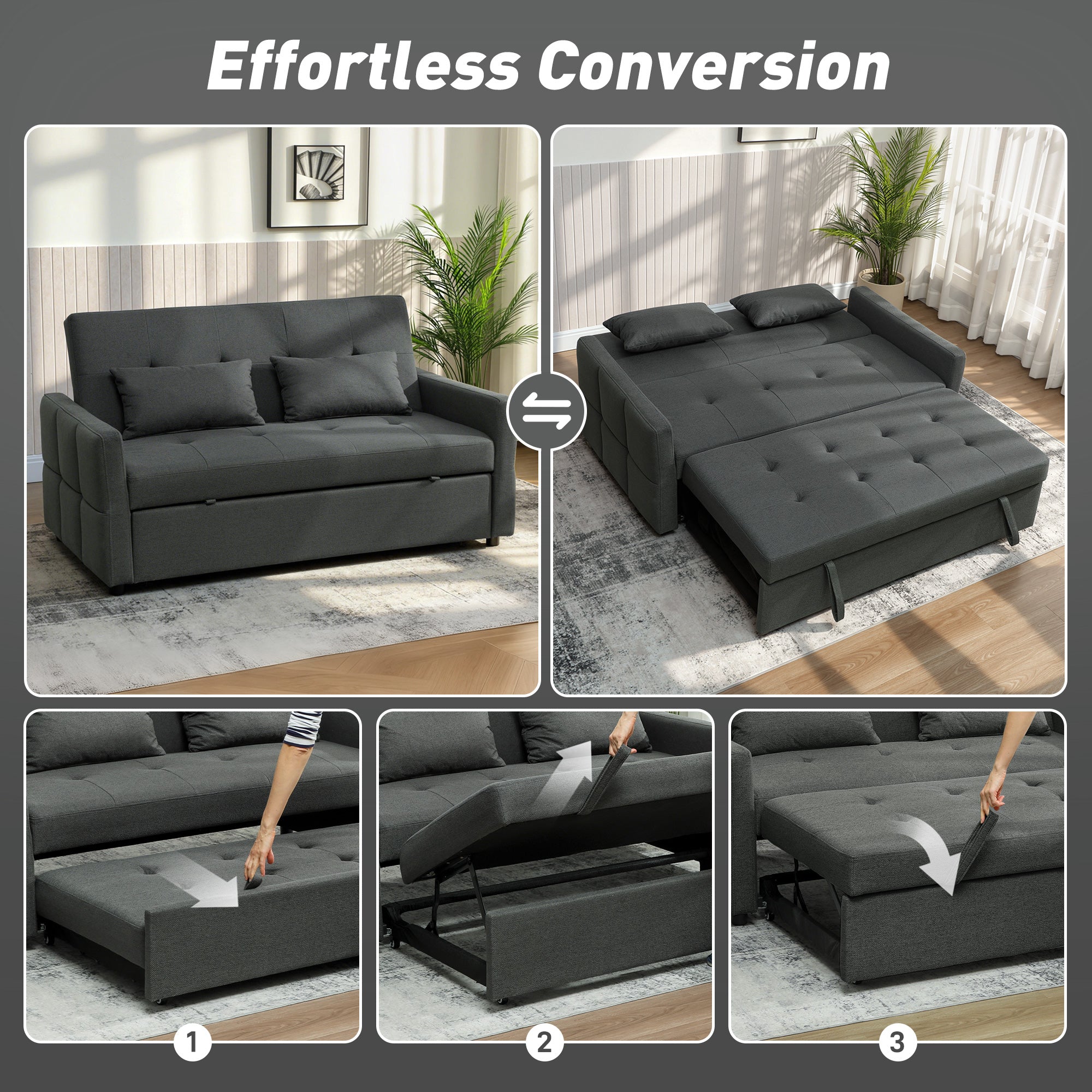 Three-Way Two-Seater Sofa Bed - Charcoal Grey