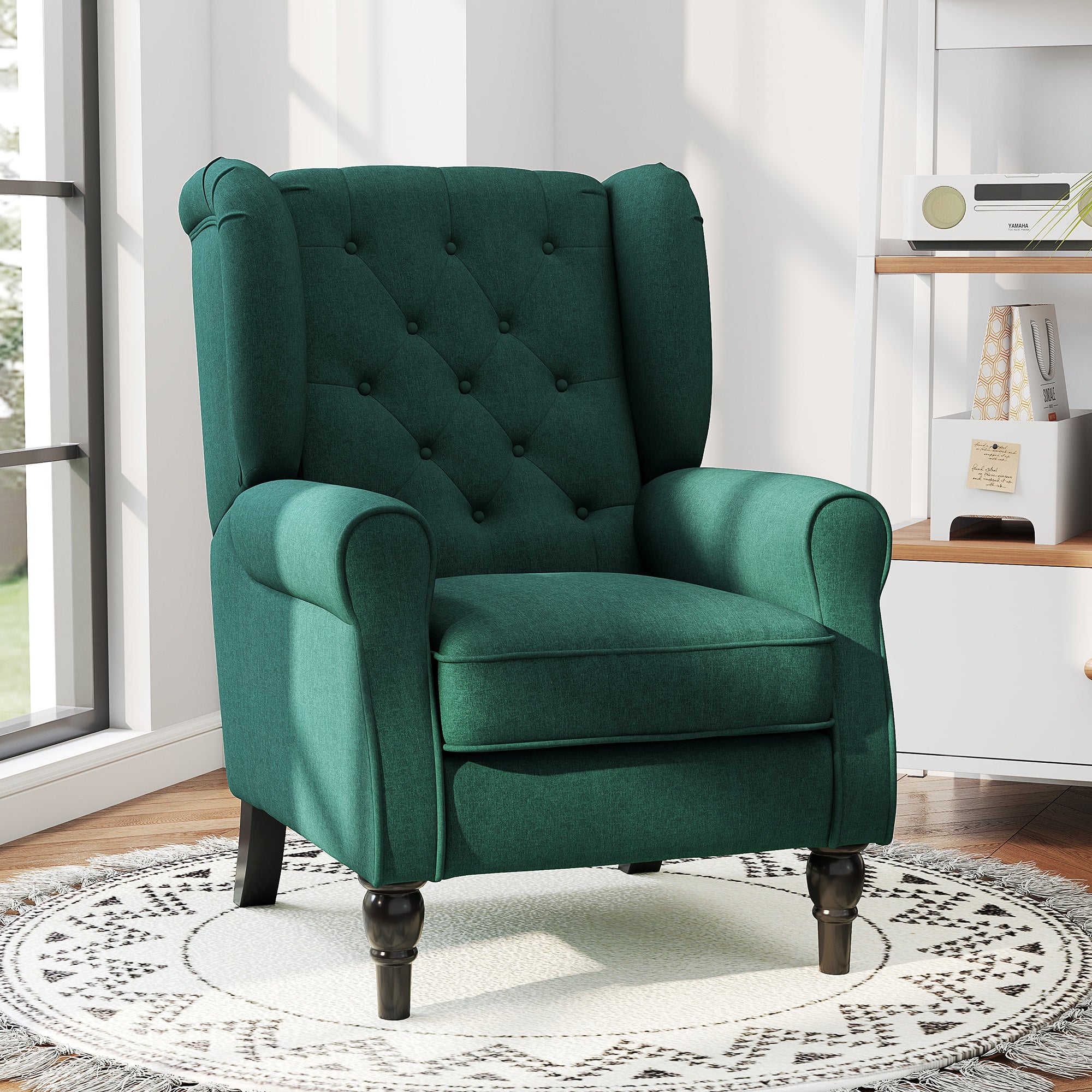 Wingback Accent Chair, Retro Upholstered Button Tufted Occasional Chair for Living Room and Bedroom, Dark Green