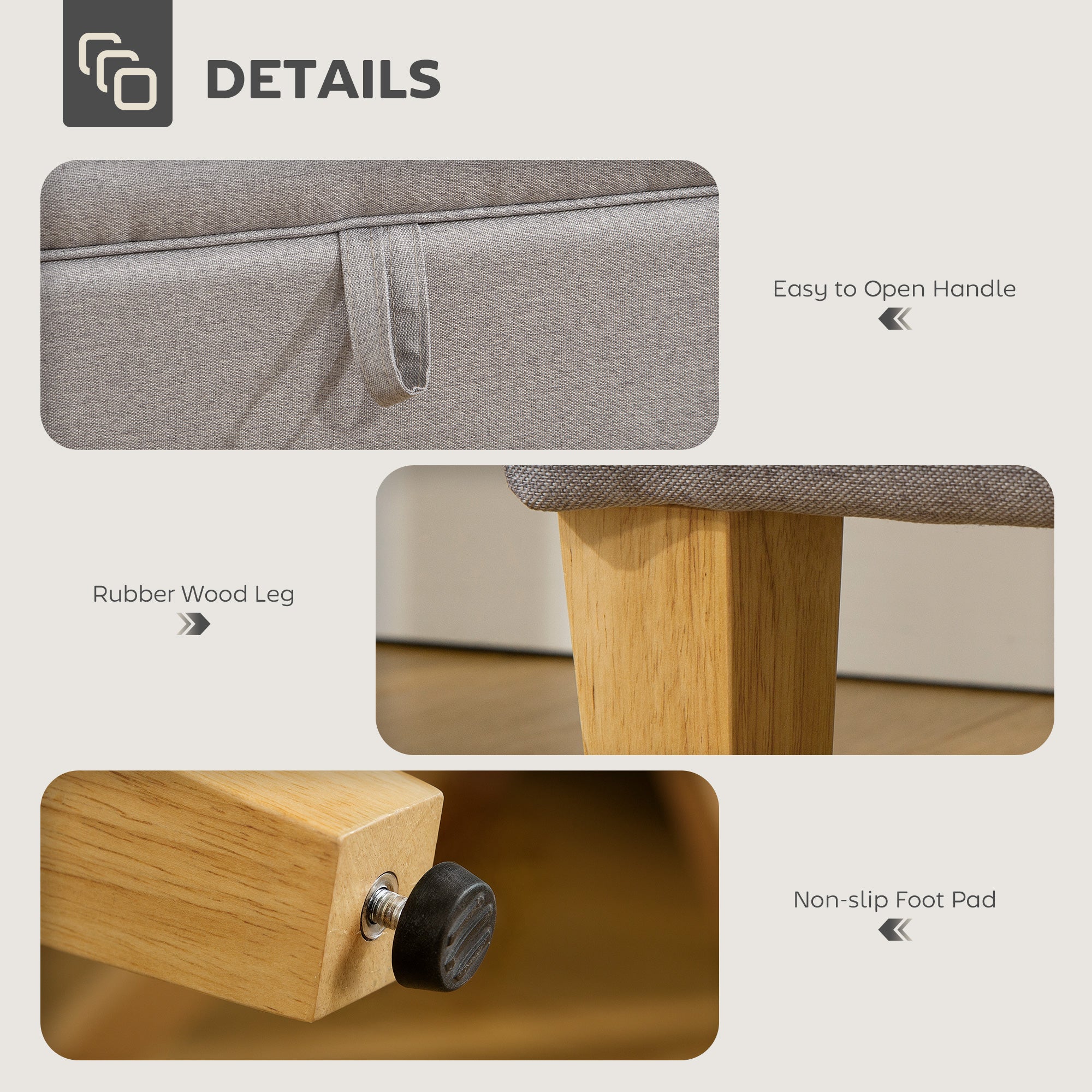 30L Linen Storage Ottoman Padded Footstool with Rubberwood Legs for Storage Box, Bed End, Shoe Bench, Seating, Light Grey