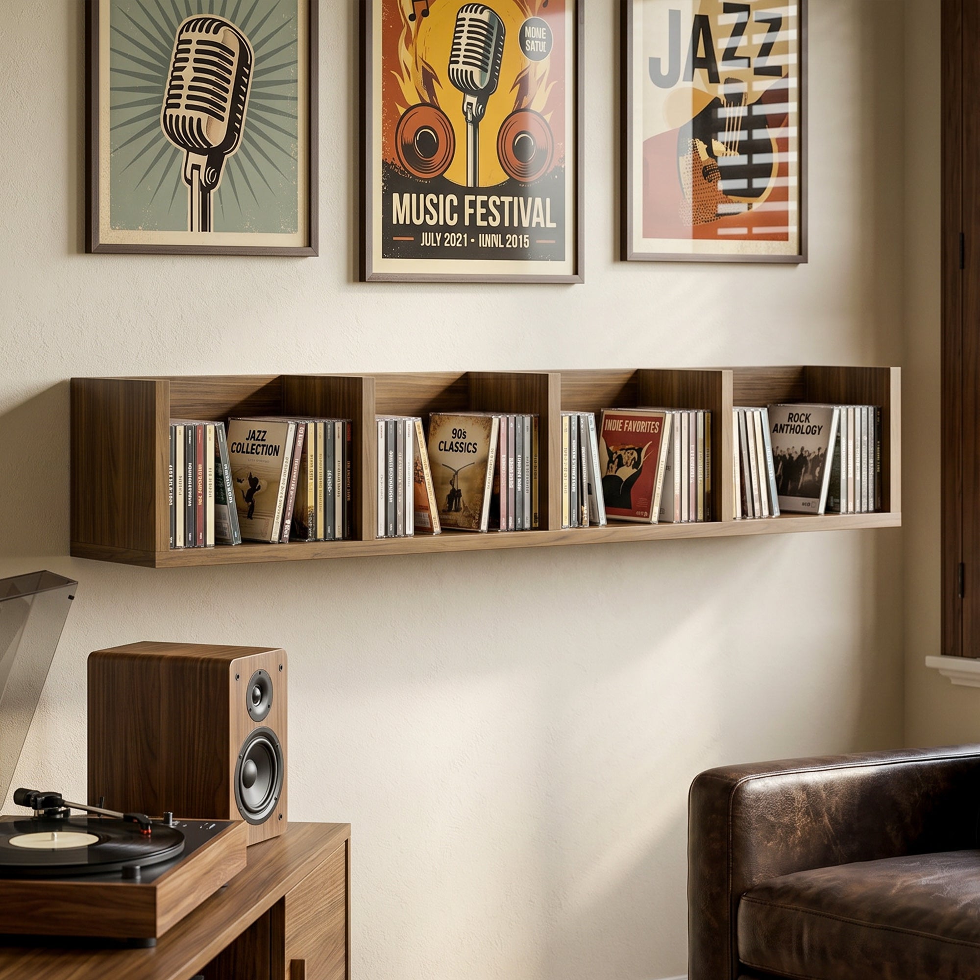 Wall Mount 84 CD / 56 DVD/Blu-ray/ Media Storage Rack 4 Cubes Wooden Shelf Organizer Unit Bookcase Display, Walnut