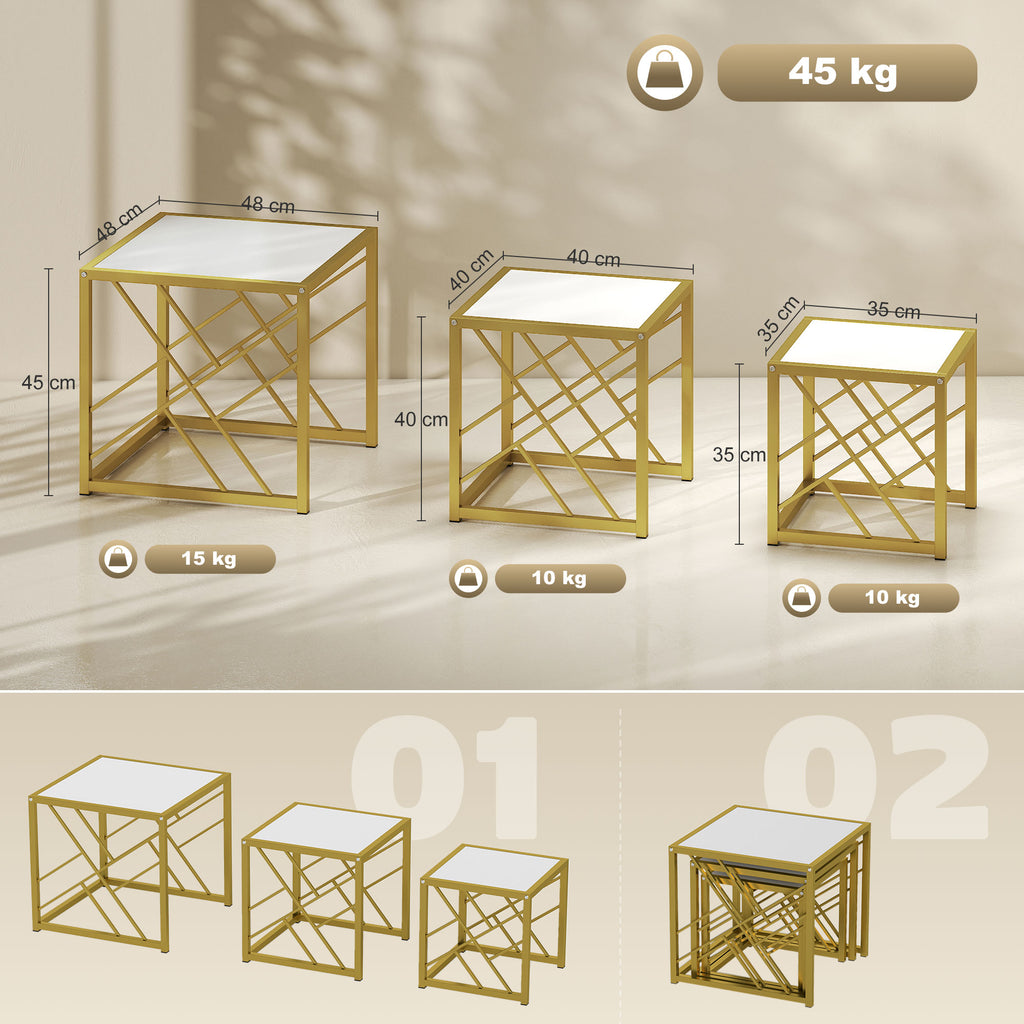 Nesting Coffee Tables, Set of 3 Square Side Tables with Gold Metal Frame, for Living Room, Bedroom and Office, White
