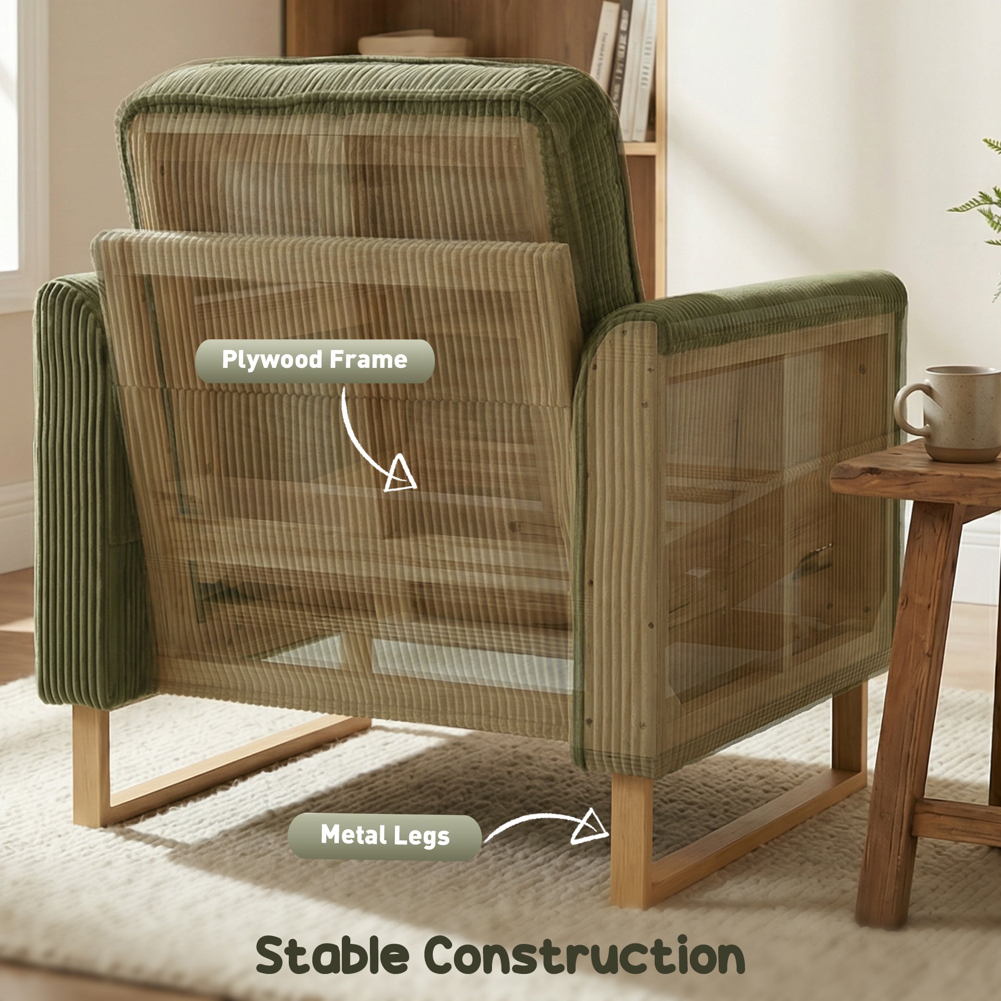 Accent Chair with Spring, Modern Industrial Armchair with Metal Legs for Livingroom Dark Green