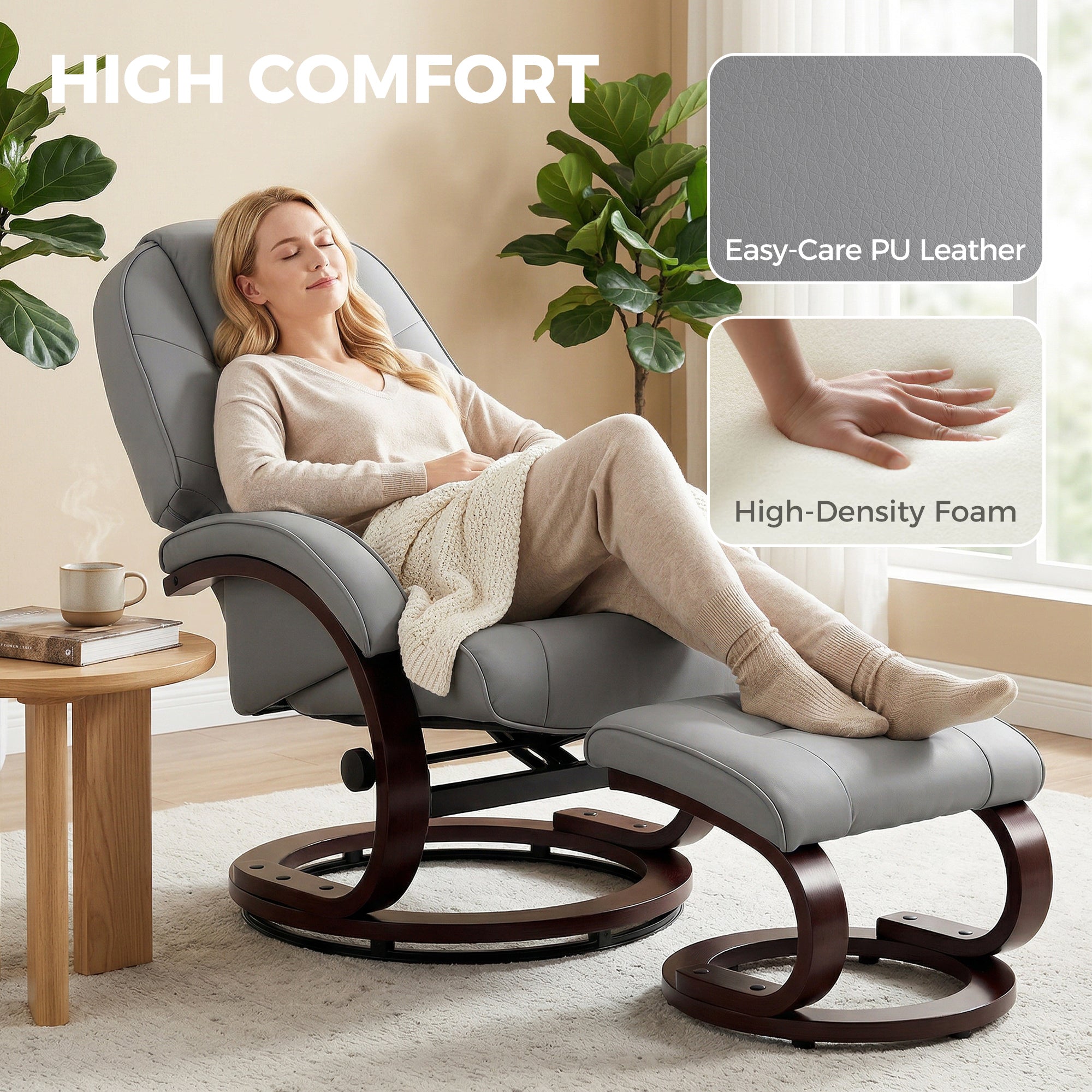 Swivel Recliner Chair with Footstool, PU Leather Recliner Armchair with Adjustable Back and Wood Frame, Grey