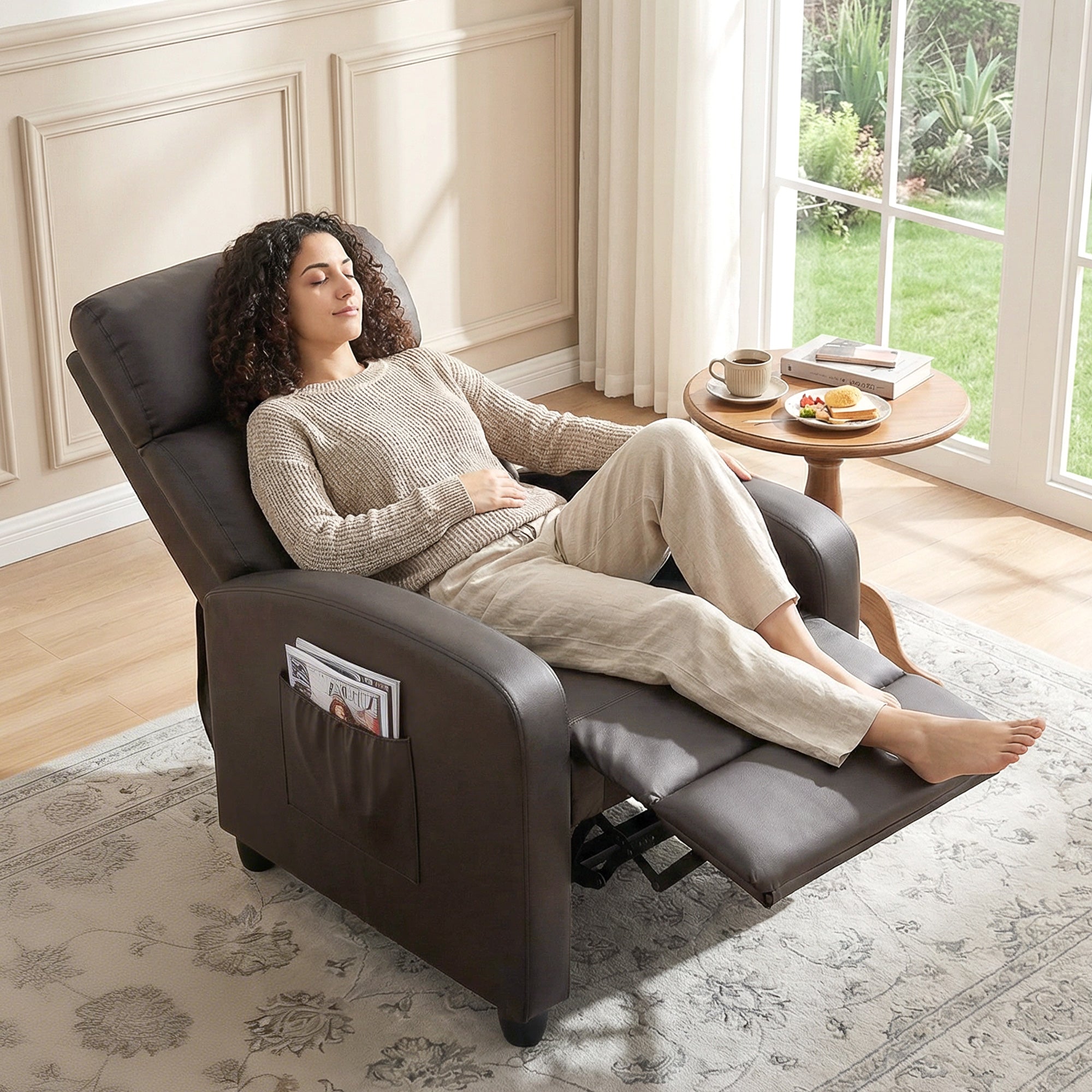 HOMCOM Recliner Armchair, Massage Faux Leather Push Back Reclining Chair with Adjustable Leg Rest, Side Pocket, for Home Living Room Theatre, Brown