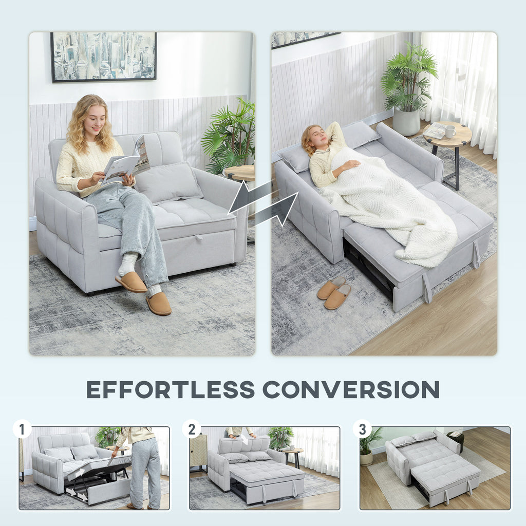 2 Seater Sofa Bed, 3-in-1 Convertible Sleeper Sofa with Click-clack Adjustable Backrest and 2 Pillows, Light Grey