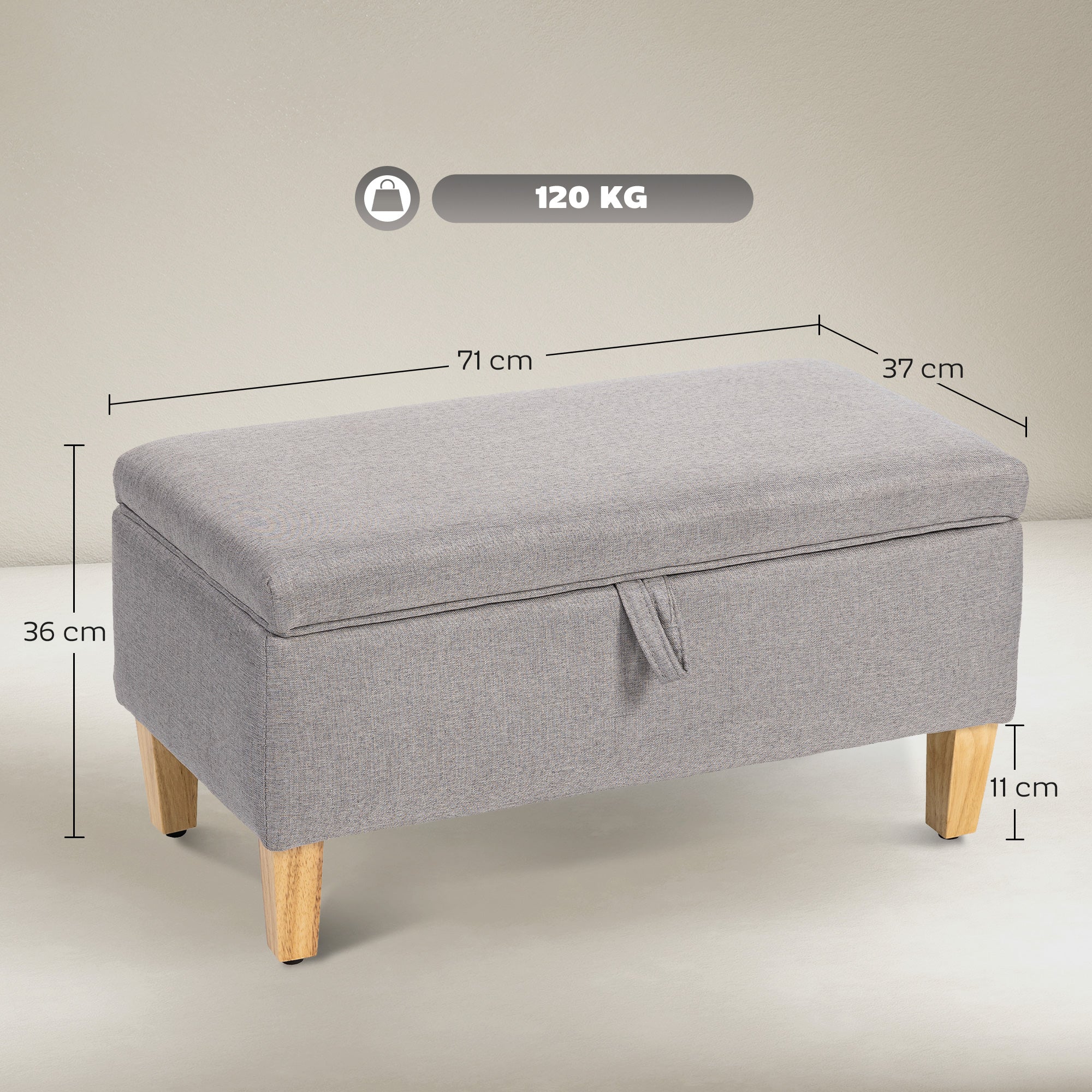 30L Linen Storage Ottoman Padded Footstool with Rubberwood Legs for Storage Box, Bed End, Shoe Bench, Seating, Light Grey