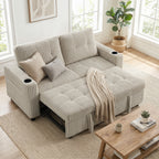 Corduroy Click Clack Sleeper Sofa with Pull Out Design, 2 Seater Sofa Bed, Cream White