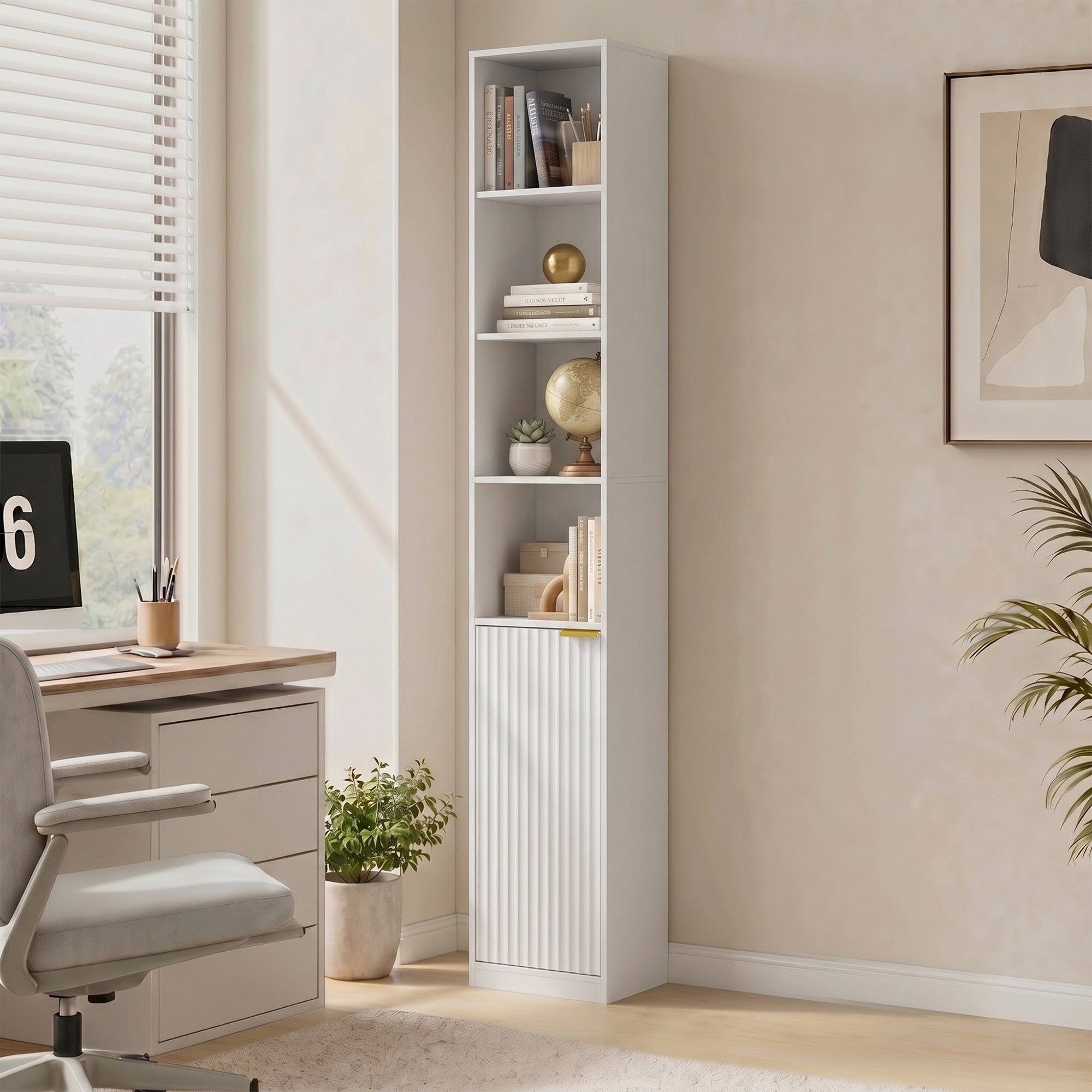 Bookcase Adjustable Shelf Bookshelf Anti-Tip Hardware 6-Tier Storage Cabinet White Wood Effect