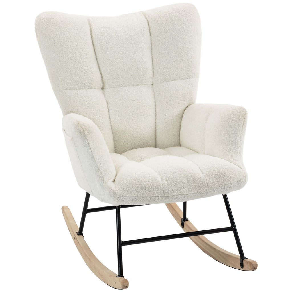 Rocking Chair, Teddy Fleece Rocker Chair with Tufted Wingback, Side Pockets, Rubber Wood Legs, Cream White