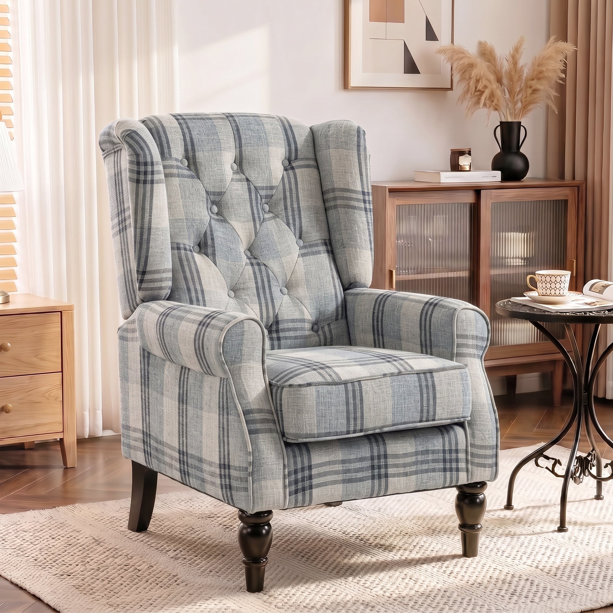 Faux Linen Armchair with Thick Spring Cushion, Wingback Accent Chair with High Back, Solid Wood Legs, Mixed Plaid